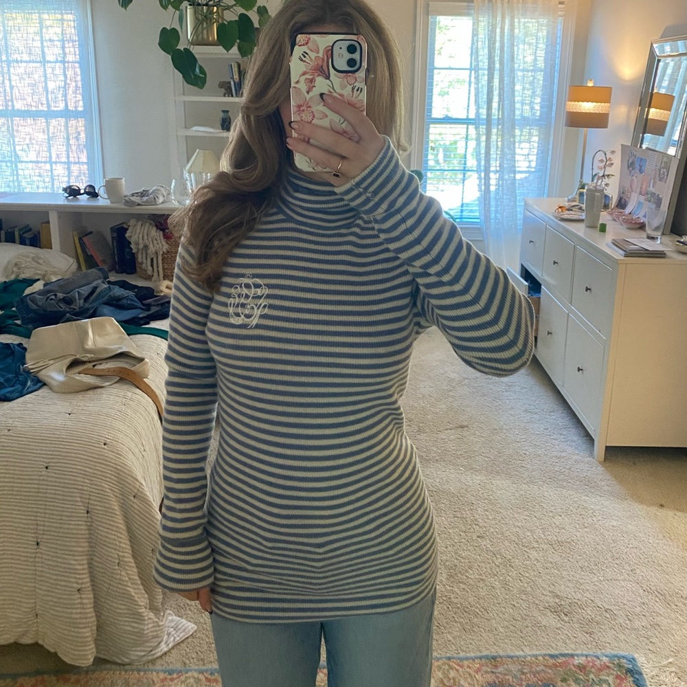 Ganni Blue and White Striped Turtleneck